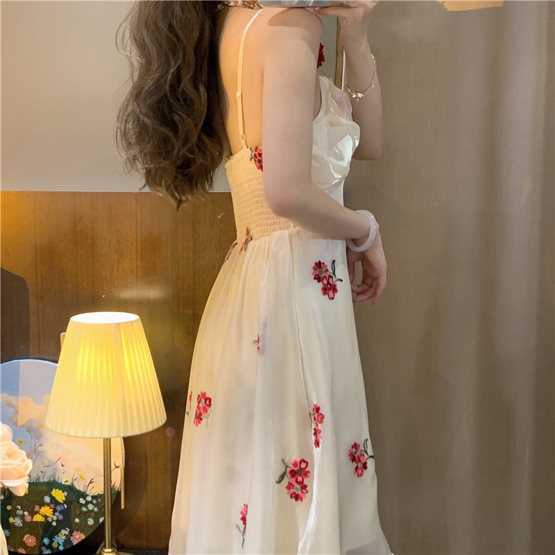 Đầm Hai Dây Dáng Chữ A Thêu Hoa Ngọt Ngào Thời Trang Mùa Hè Cho Nữ