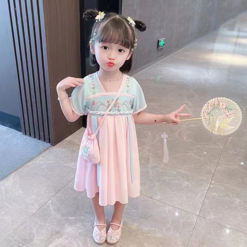 Spot Girls Váy Hanfu cho trẻ em Mùa hè mỏng tay ngắn Tang Phù hợp với phong cách Trung Quốc Siêu cổ tích Váy cổ yếm Cô gái nhỏ Váy voan công chúa 90-150 Yards
