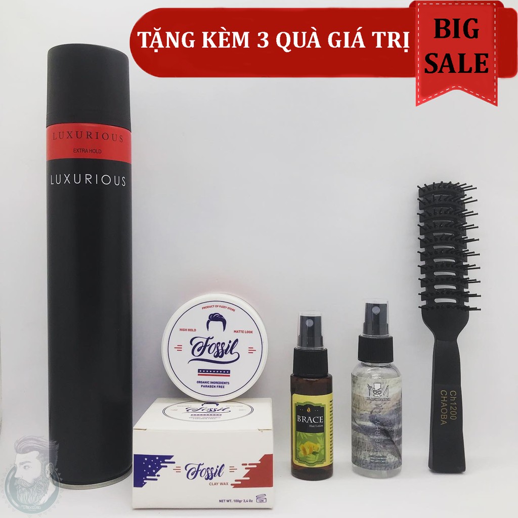 ✅[TẶNG 3 QUÀ]{Combo} Sáp Vuốt Tóc Fossil Và Gôm Xịt Tóc Luxurious + Tặng Pre Styling, Hair Lotion &amp; Lược