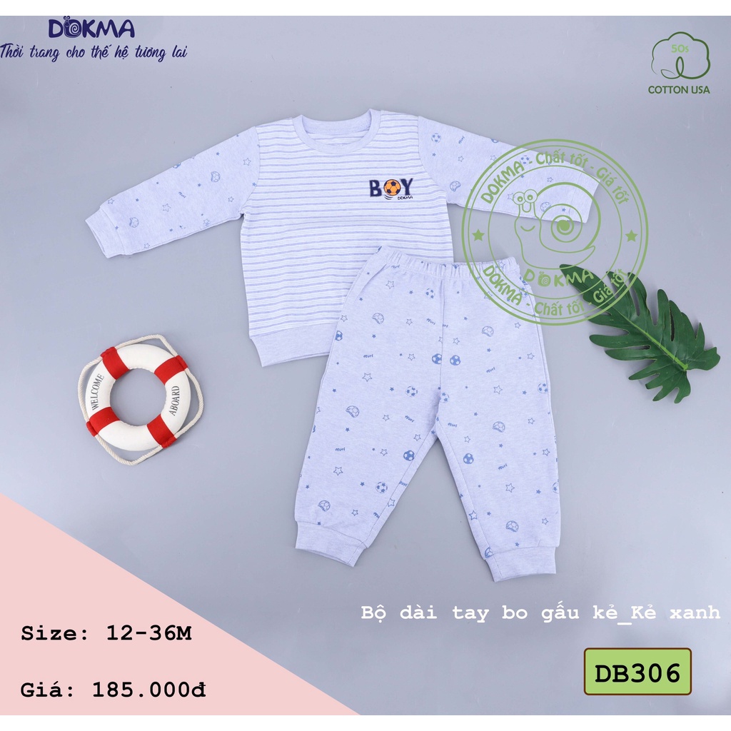 [Chính Hãng] Bộ dài tay nỉ cotton bo gấu kẻ họa tiết trẻ em DB306 Dokma