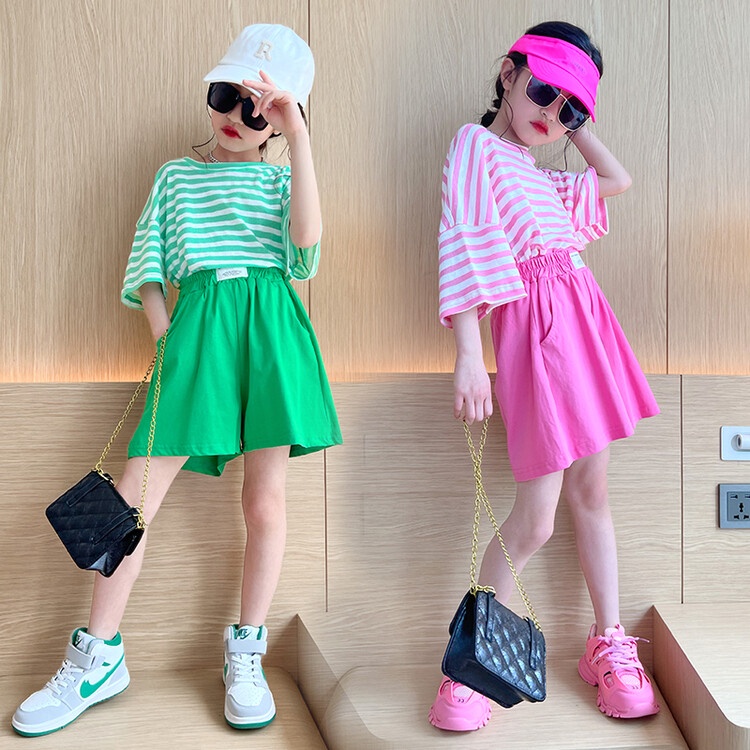 Set Áo Thun Ngắn Tay Kẻ Sọc Và Quần Short Thời Trang Mùa Hè Cho Bé Gái 5-6-7-8-9-10-11-12 Tuổi