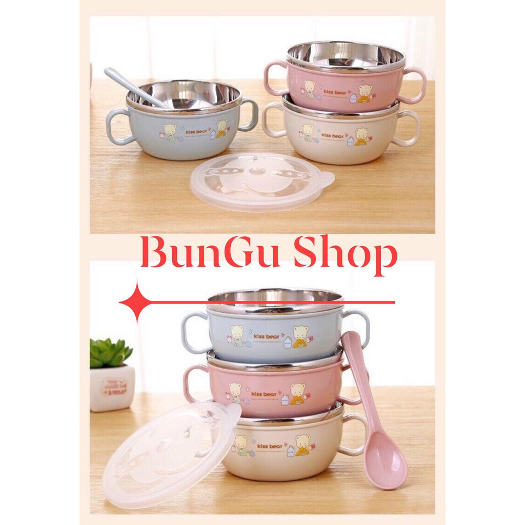 ⚡FREESHIP⚡ Bát ăn dặm, Tô ăn cơm inox giữ nhiệt cho bé có nắp đậy kèm thìa cho bé Bungu Shop