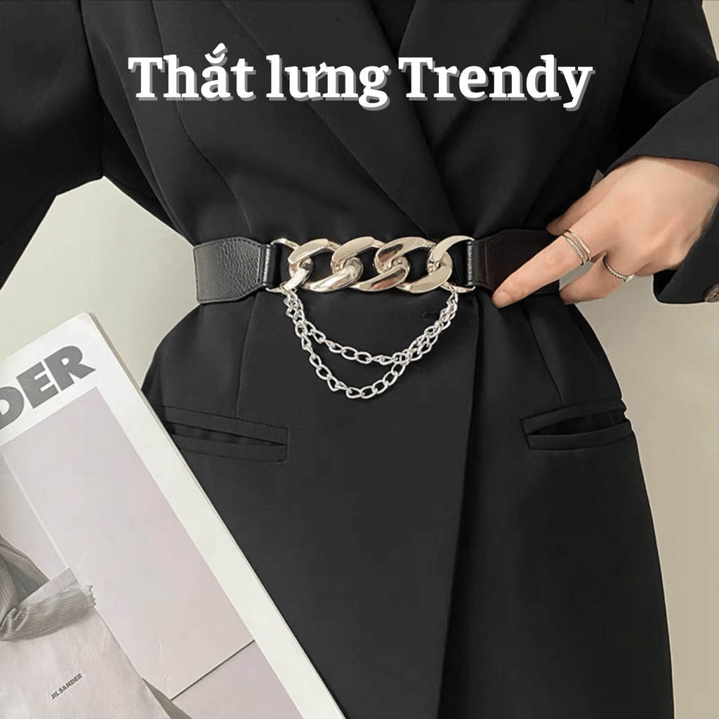Đai váy mặt Xích cá tính bản to 3cm 4cm - Thắt lưng váy xích da chun eo sang chảnh bản to co giãn Đv014 Lulu