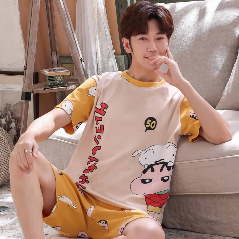 Summer Youth Men Pyjama Cotton ngắn tay Bông lớn Trẻ em 12-13-15 tuổi Học sinh học sinh Trang chủ Suittrí  áo thun