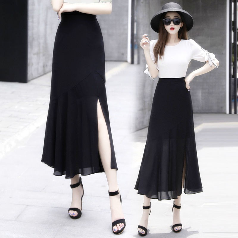 Váy voan xẻ nửa chiều dài mùa hè váy đen eo cao ngang hông váy đuôi cá dài qua đầu gối váy xếp nếp mỏng