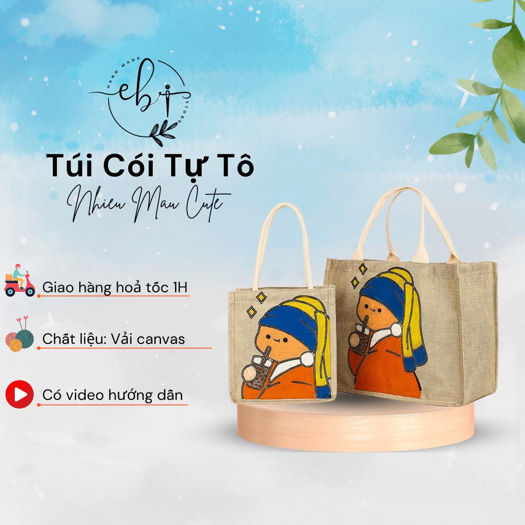 Túi Cói Handmade ❤️ Ebi Store - Freeship ❤️ Túi tote Vintage đầy đủ bút lông, hộp màu tô tranh hình vẽ xinh xắn