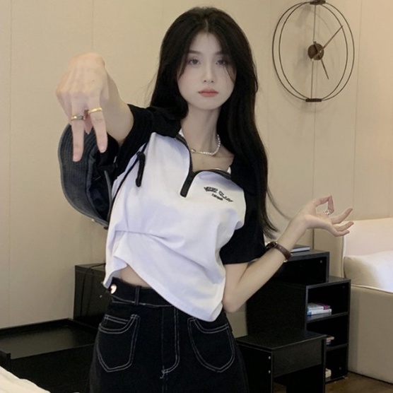 Áo thun croptop ZHELIHANGFEI tay ngắn cổ polo in chữ phong cách vintage Mỹ tùy chọn màu sắc