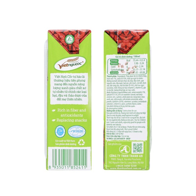 Lốc 4hộp thức uống ngũ cốc Việt Ngũ Cốc 180ml