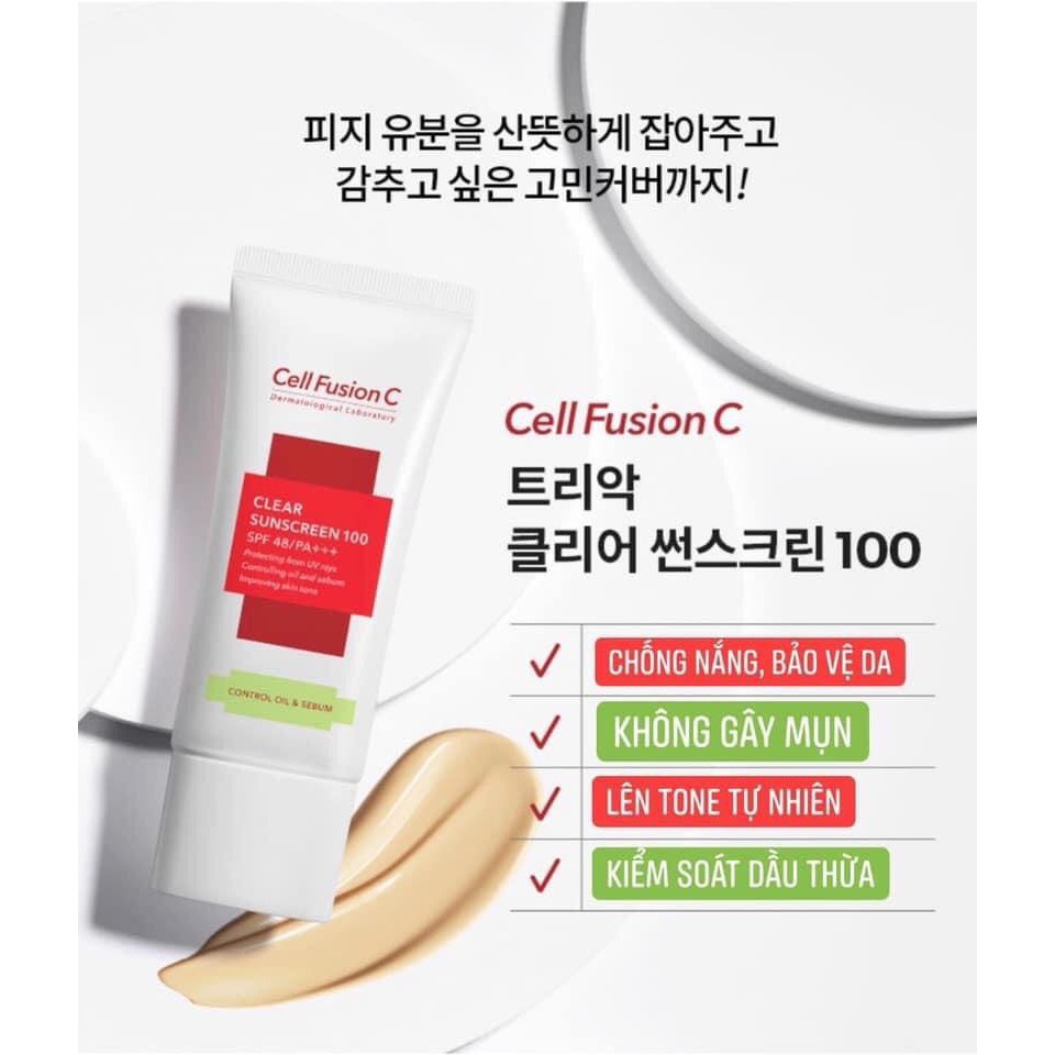 Kem Chống Nắng Kiểm Soát Dầu &amp; Nhờn Mụn Cell Fusion C Clear Sunscreen 100 SPF48/ PA+++ 50ml