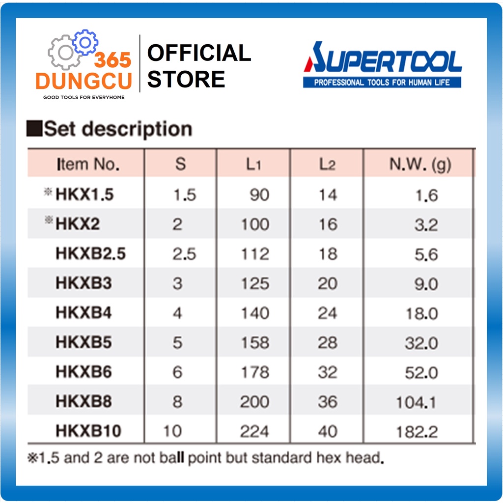 Bộ lục giác dài đầu bi 9 chi tiết HKXB9S SuperTool Japan Hàng chính hãng