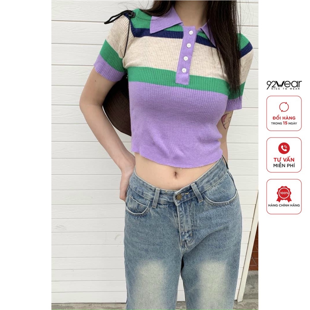 Áo len croptop kẻ 92WEAR thiết kế nữ tính, gợi cảm, phối màu nổi bật, sành điệu WA011