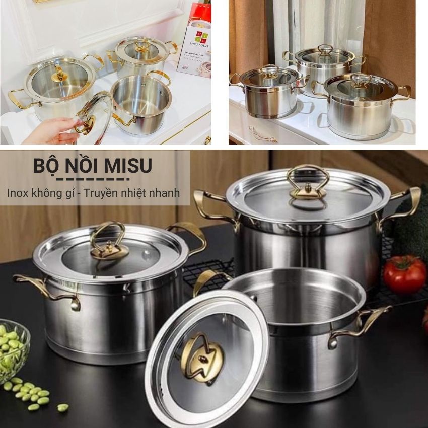 Bộ nồi inox Misu Louis truyền nhiệt nhanh, bộ nồi 3 đáy nắp thủy tinh chùi rửa dễ dàng chất liệu an toàn cao cấp Angola