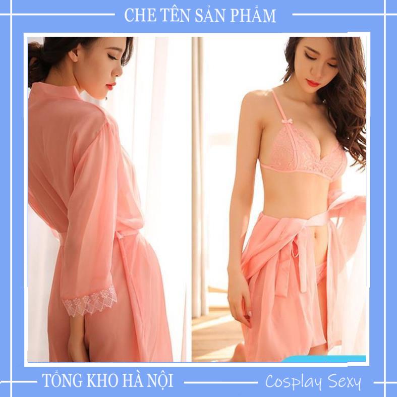 Áo Choàng Ngủ Kèm Set Bikini Cao Cấp, Set Đồ Ngủ Sexy Xuyên Thấu Gồm Áo Choàng + ĐỒ Lót Mã ACBI001, Màu đen,trắng TKVN | BigBuy360 - bigbuy360.vn