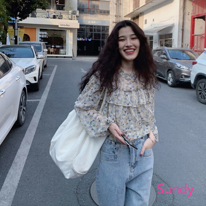 Áo chiffon in hoa phối bèo lá sen thời trang xuân hè cho nữ