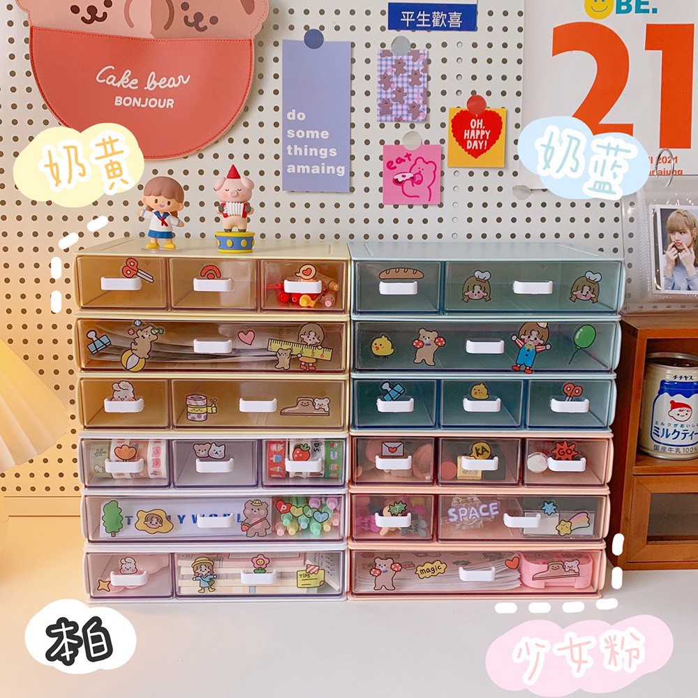 Tủ nhựa mini nhiều ngăn để bàn đựng đồ dùng học tập, trang sức, mỹ phẩm - Decor bàn học, góc làm việc - Kèm STICKER