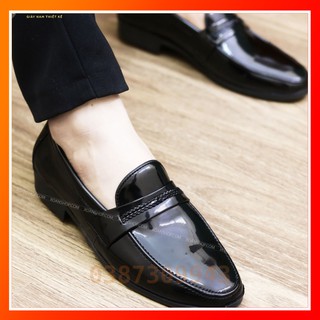 Giày Lười Da Nam - Da Đen Bóng Đai Dệt - Đế Cao Su Đúc - Mã L159 - Hàng Việt Nam