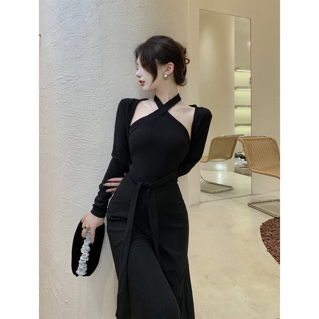 Set đồ COZOKC gồm đầm và áo khoác cardigan dáng ngắn phong cách cổ điển