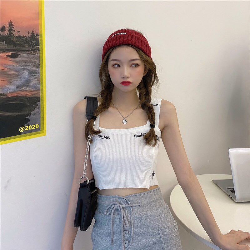 áo croptop hai dây dệt kim thêu chữ