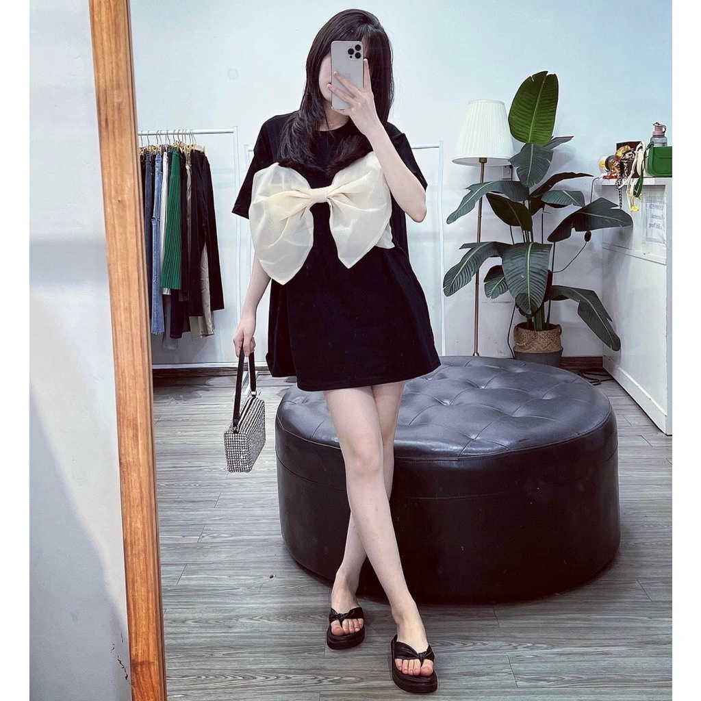 đầm nơ cotton cổ tròn ngắn tay kiểu giấu quần