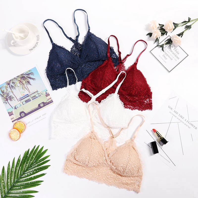 Áo Ngực Cotton Ren Chữ Y Màu Trắng/Đen Không Gọng Có Khóa Cài Dành Cho Nữ