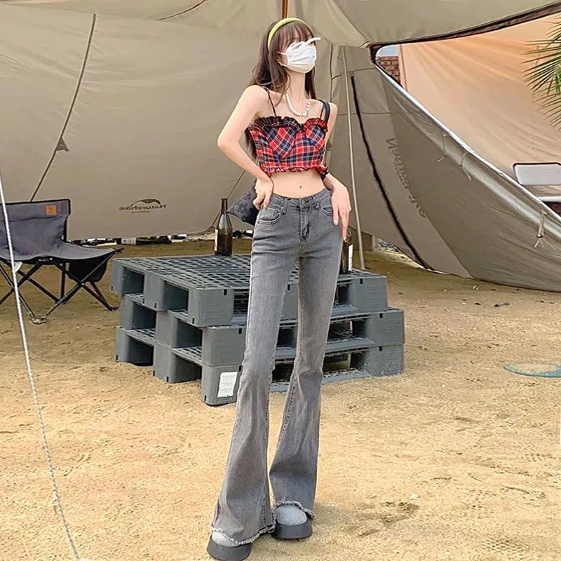 Jiashucheng Quần Jean Dài Ống Rộng Sờn Dễ Phối Đồ Thời Trang Mùa Hè