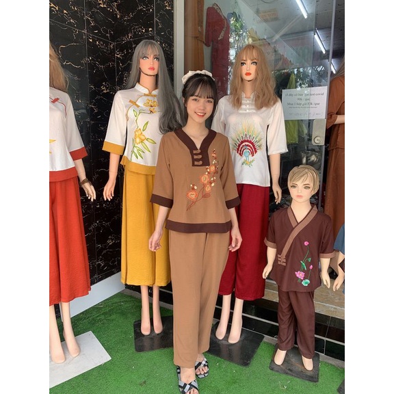Đồ lam - Áo lam - Cổ V 3 Nút Đũi