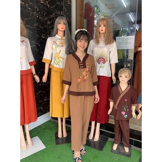 Đồ lam - Áo lam - Cổ V 3 Nút Đũi