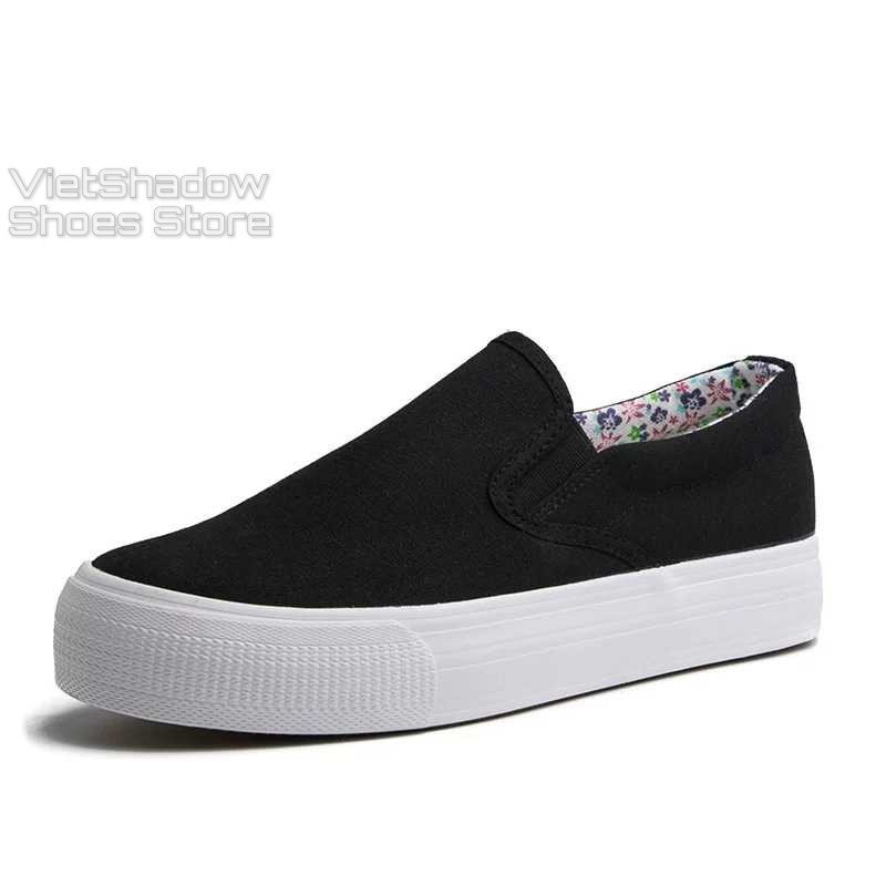 KFHF LOQ Slip on vải nữ - Giày lười vải nữ đế bánh mì - Vải thô màu (trắng) và (đen) đế trắng - Mã SP: H802 36 95