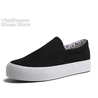 KFHF LOQ Slip on vải nữ - Giày lười vải nữ đế bánh mì - Vải thô màu (trắng) và (đen) đế trắng - Mã SP: H802 36 95