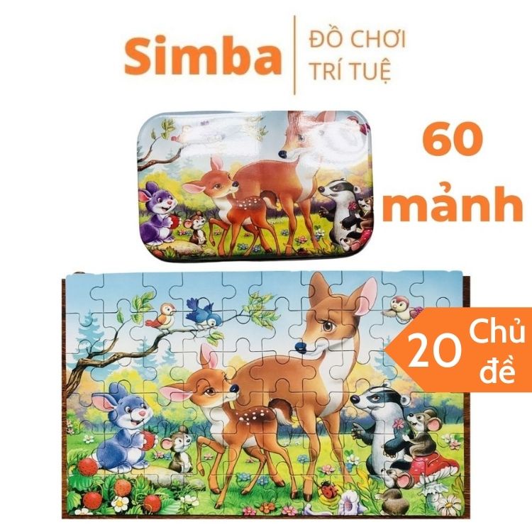 Đồ chơi bộ xếp hình cho bé bằng gỗ 60 mảnh combo 2 bộ xếp hình gỗ có hộp thiếc đồ chơi Simba