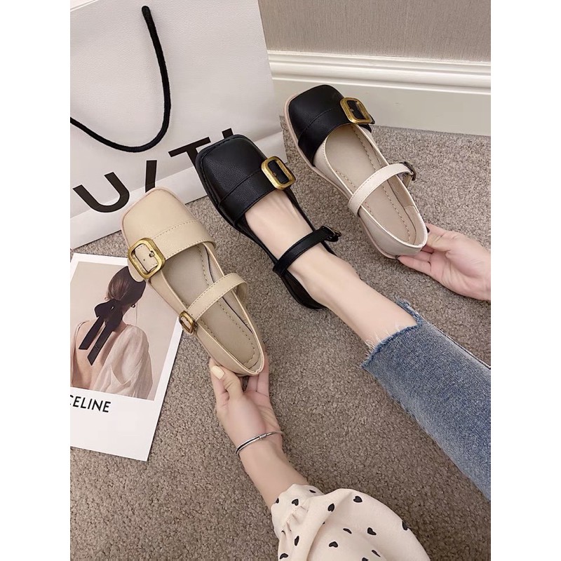 Giày búp bê nữ mũi vuông khuy đồng đế bệt có quai ngang