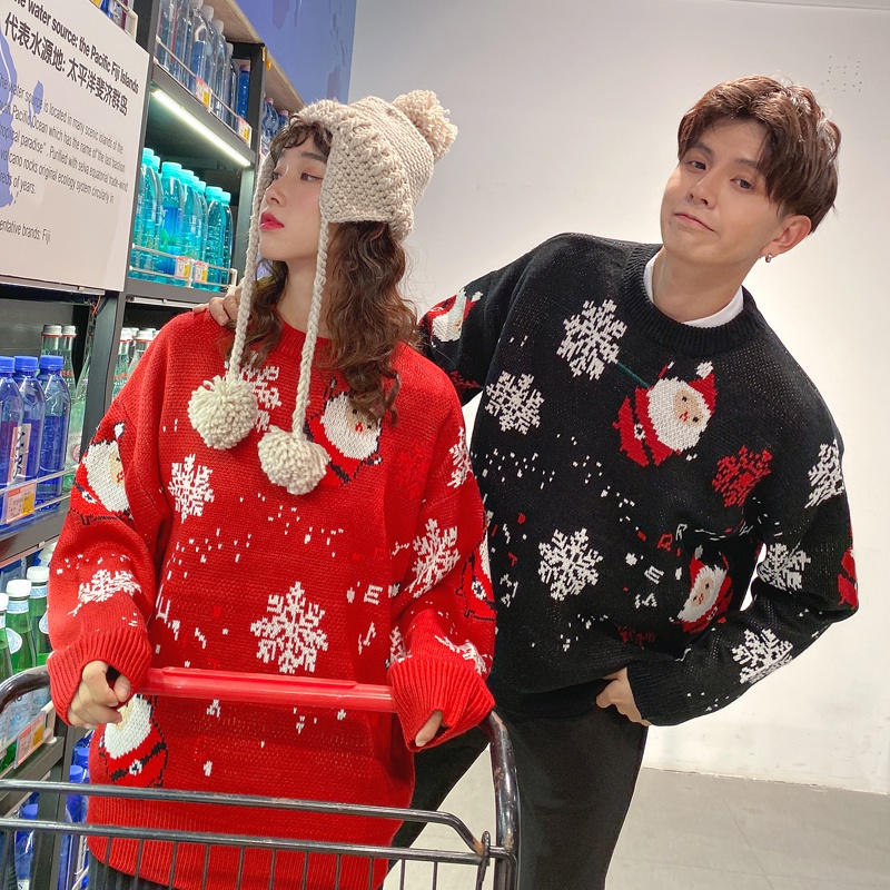 Áo sweater Dệt Kim Dày Dáng Rộng In Họa Tiết Ông Già Noel Thời Trang Thu Đông 2021 Cho Cặp Đôi