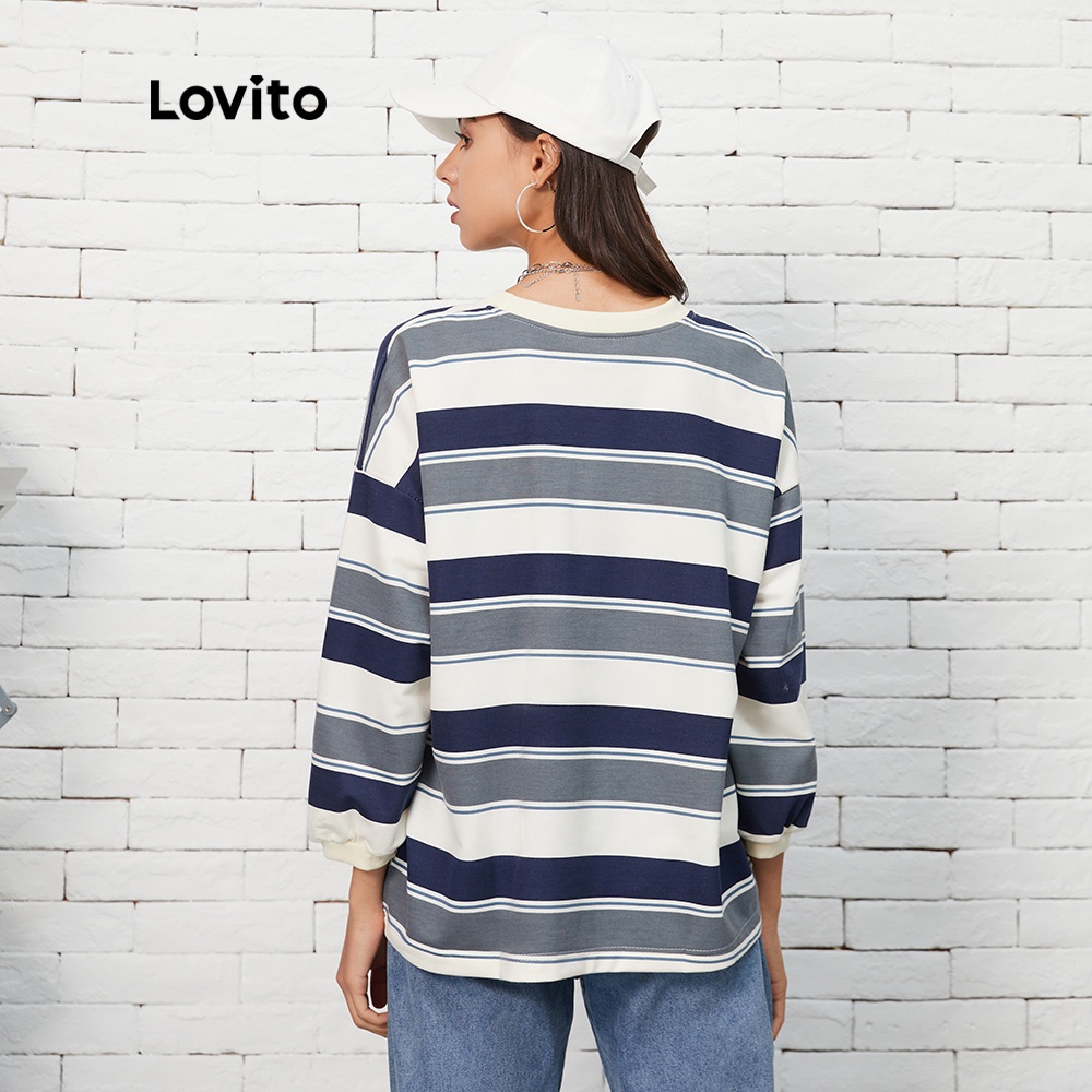 Áo nỉ Lovito L07016 cổ tròn họa tiết sọc thời trang cơ bản thông thường (Màu xanh lam)