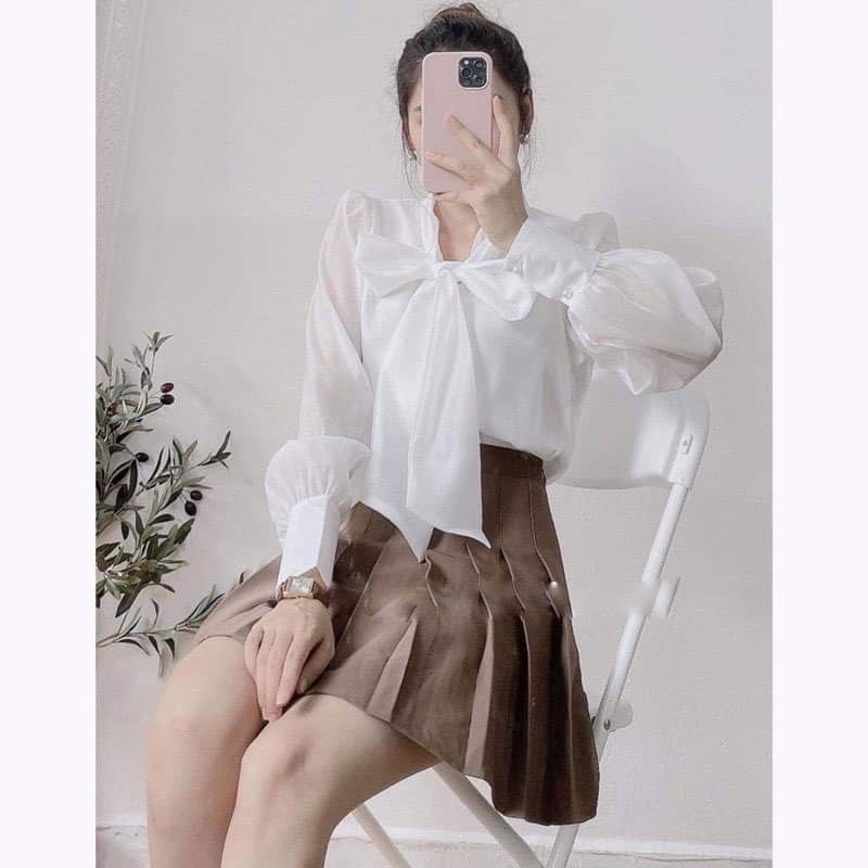 [Ảnh thật/Video] Áo sơ mi Lazy thiết kế tay bồng cổ nơ khuy ngọc tiểu thư Áo trắng công sở nhẹ nhàng