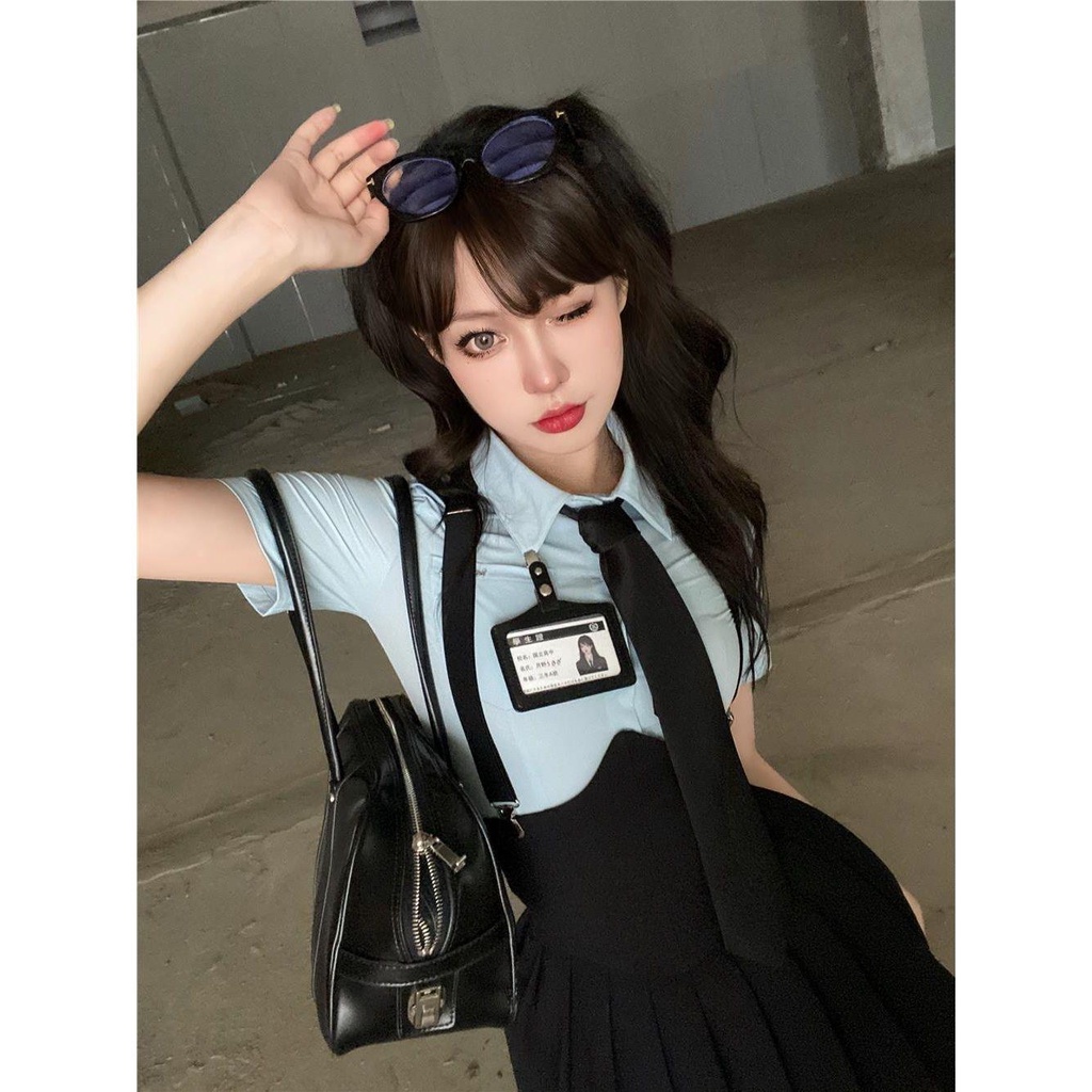 Set Áo Tay Ngắn + Chân Váy Xương Cá Phong Cách Preppy Cho Nữ