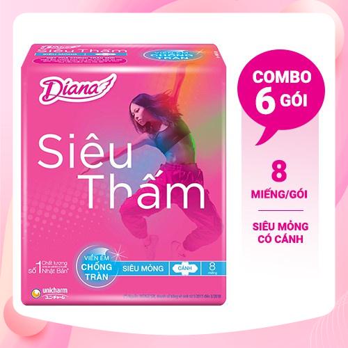 Bộ 6 gói Băng vệ sinh Diana siêu thấm  siêu mỏng cánh gói 8 miếng, băng vệ sinh diana smc cho phụ nữ 1 gói 8 miếng