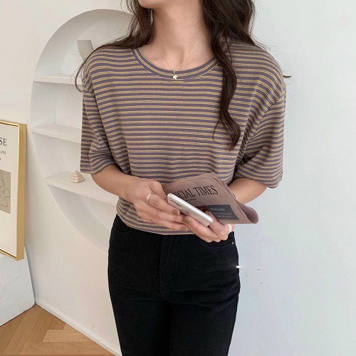 Áo phông kẻ 2t unisex áo phông rộng chất cotton mềm mịn tay lỡ áo thun kẻ basic nhiều màu P17 | BigBuy360 - bigbuy360.vn
