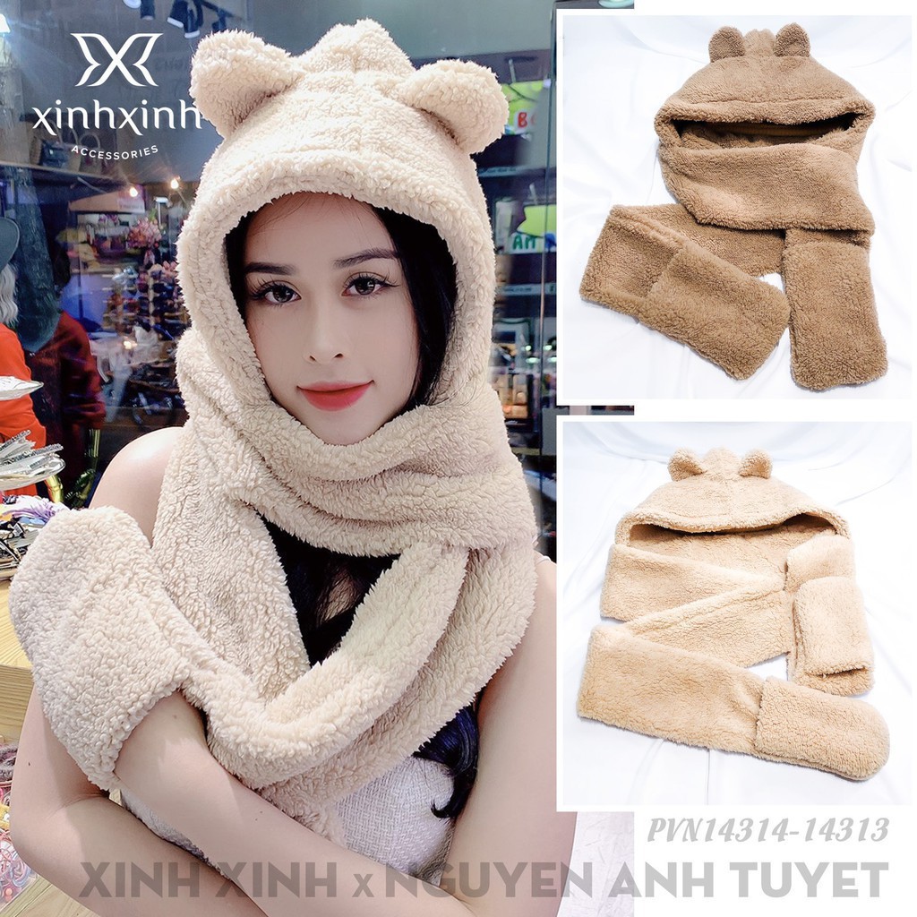 Mũ len, mũ lông cừu tai gấu kèm khăn quàng cổ và găng tay ấm áp - Hàng Cao Cấp nhập khẩu Hàn Quốc