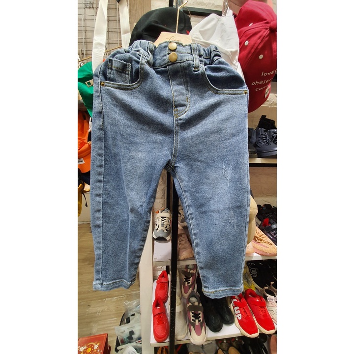 Quần Bò Baggy Cạp Chun 2 Cúc Trẻ Em Quần Jeans Xanh Cao Cấp Co Giãn Thời Trang Cho Bé Trai Bé Gái Đi Học Đi Chơi - OQ041