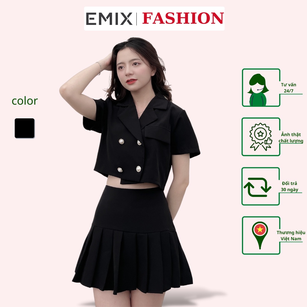 Set vest và chân váy xếp ly EMIX (3 màu), ulzzang, áo cổ vest, tay ngắn, croptop, đính cúc, váy chữ A, ly đều setvest1