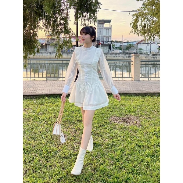 ĐẦM TRẮNG TAY DÀI THẮT EO