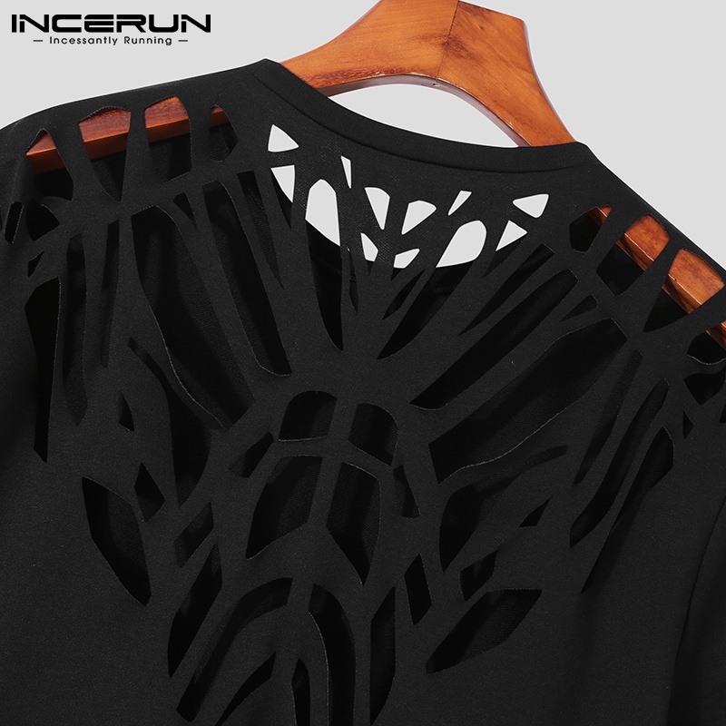 Áo thun nam INCERUN màu đen trơn tay ngắn lưng rỗng cá tính thời trang