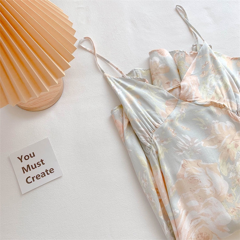 New ins broken flowers fresh and soft suspender nightgown women summer thin high-looking silk household pajamas women