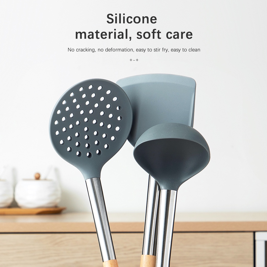 JUJIAJIA nấu ăn bằng silicon tay cầm gỗ dài chống dính tiện dụng nhà bếp