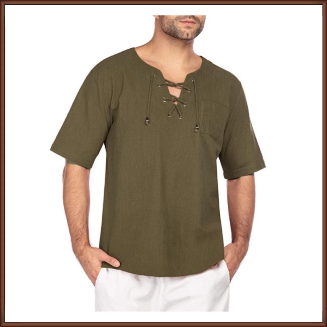 Áo Thun Tay Ngắn Vải Cotton Lanh Màu Trơn Cột Dây Thời Trang Cho Nam