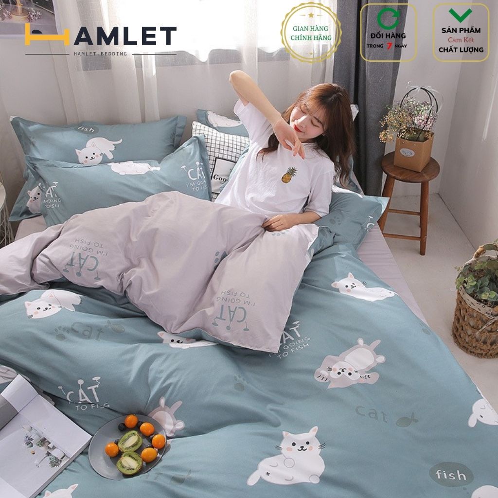 Bộ vỏ chăn ga gối Hamlet chất Cotton Poly Họa tiết Mèo Trắng Nền Xanh