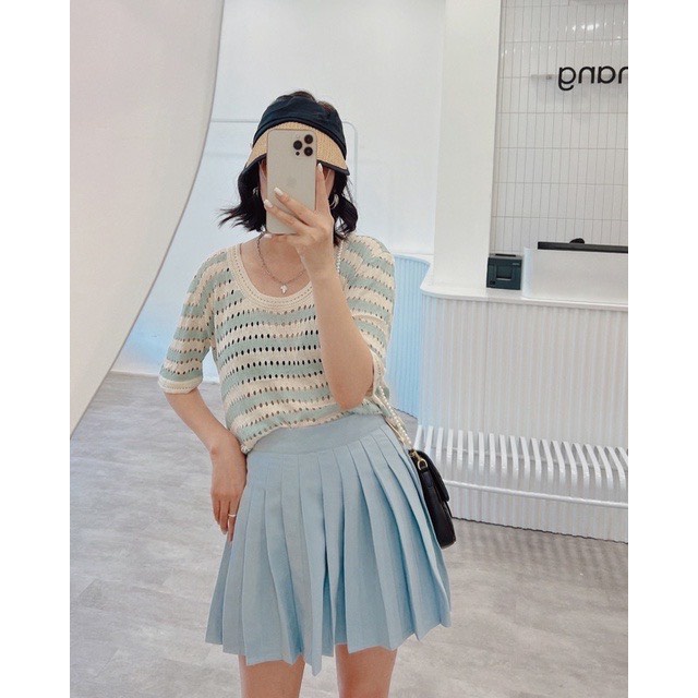 Len Mongtoghi Kẻ Sọc Tay Ngắn Cổ Tròn Phong Cách Hàn Quốc Áo Len Quảng Châu Loại 1 ALSTN