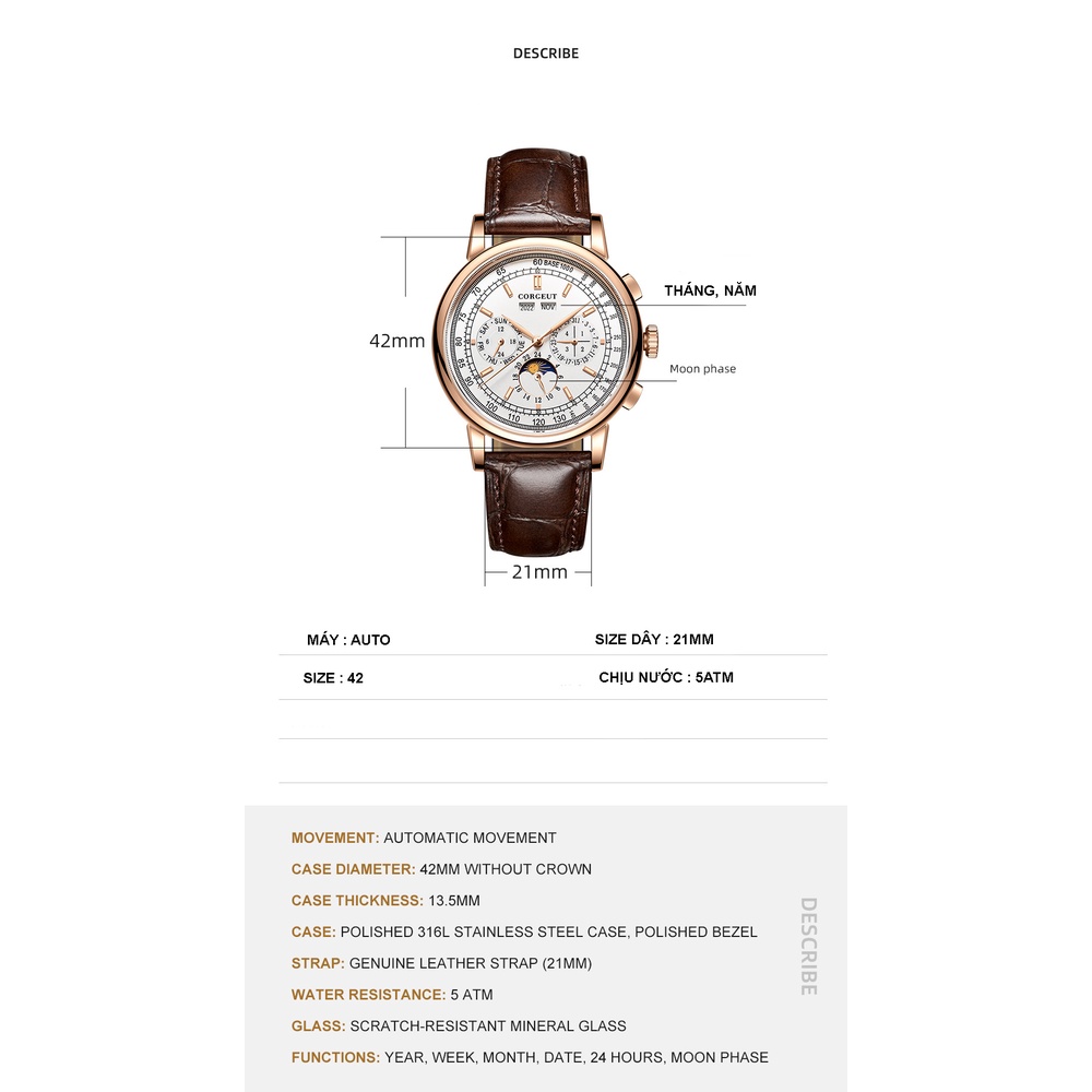 CHÍNH HÃNG Đồng hồ nam cơ Automatic Nhật -Đồng hồ Corgeut Nhật có thứ ngày tháng mặt trắng,xanh dây da
