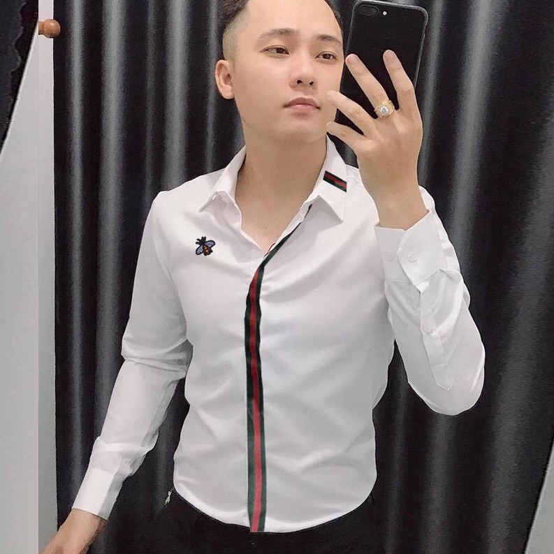 Áo sơ mi nam CON ONG SỌC ĐEN ĐỎ Hàn Quốc dáng ôm vải lụa thái chống nhăn chống xù SIÊU ĐẸP