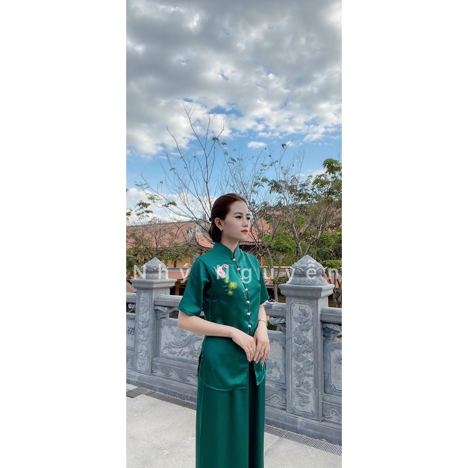 Đồ Lam Nữ Đi Chùa Mẫu Cá Ngọc Vải Lụa Satin MÀU XANH RÊU